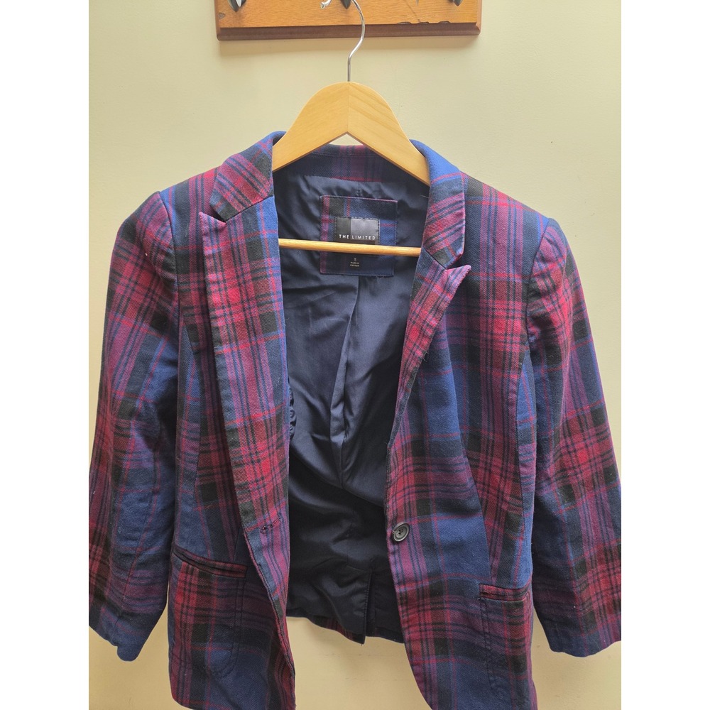 The Limited Womens Navy Blue Burgundy Plaid Cotton Blazer Jacket Size S Small‎